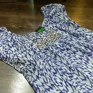 Sold Out: Blue print chiffon sequin tunic top